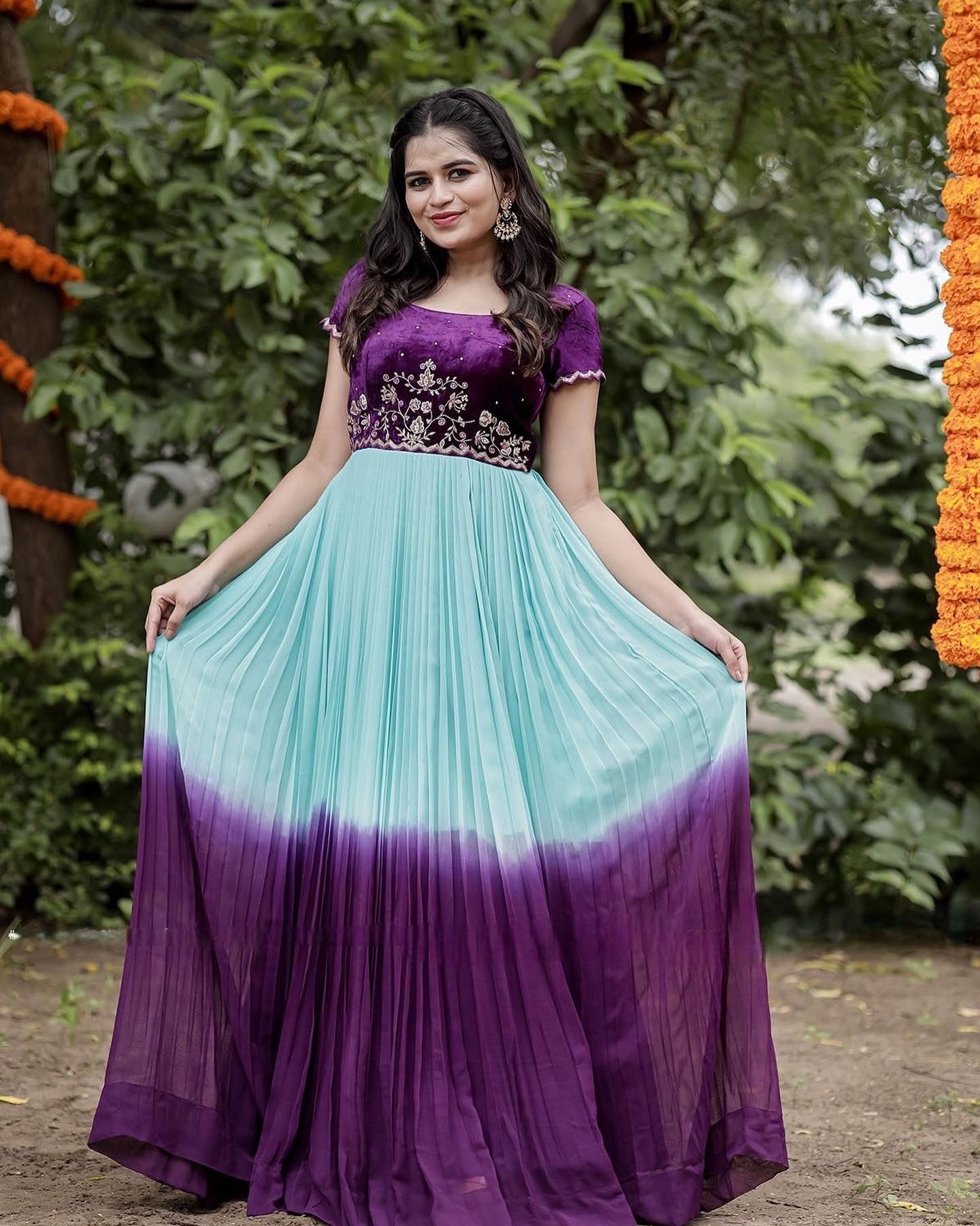 Stunning pure Velvet Georgette grand Partywear Dress in elegant  hues for partwear wedding reception. Ready to ship from NC