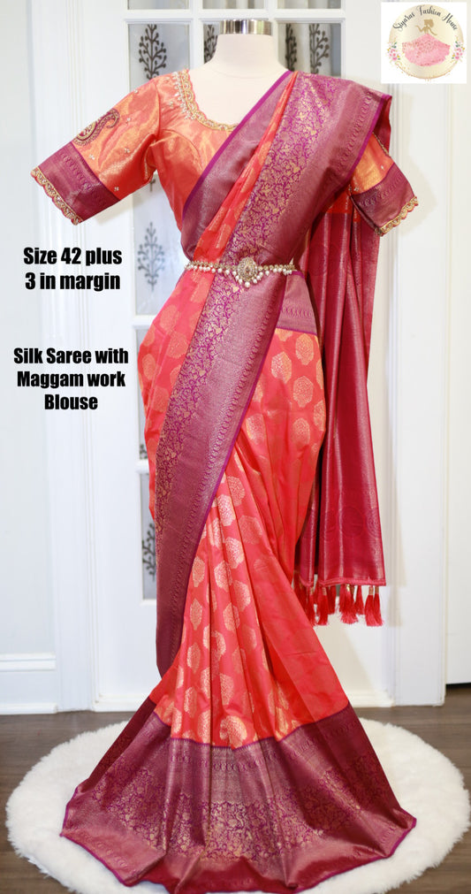 Silk Saree with Maggam work Blouse size 42 Ready to ship