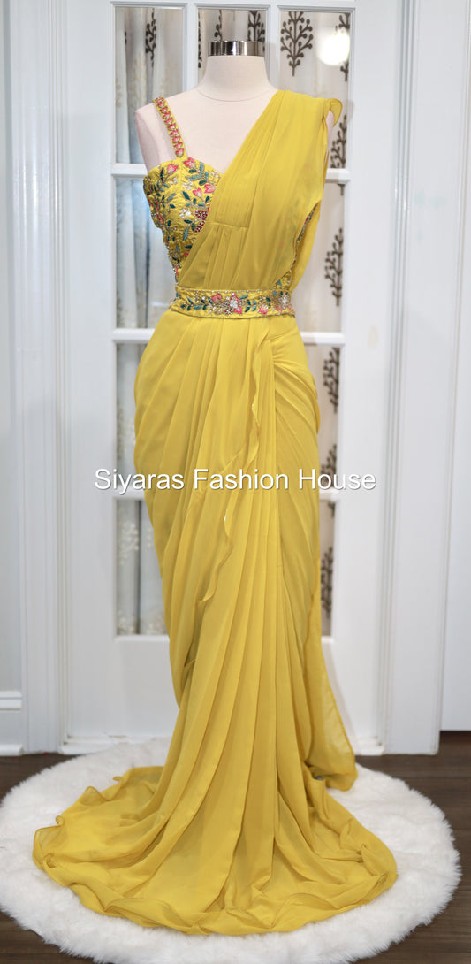 Chic and Trendy Elegant Ruffle saree Reqdy to wear in yellow color for Partywear/wedding function.