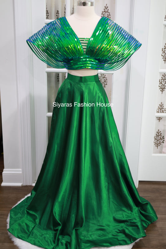 Super chic and trendy Metallic Ballon type Blouse with matching Green Skirt
