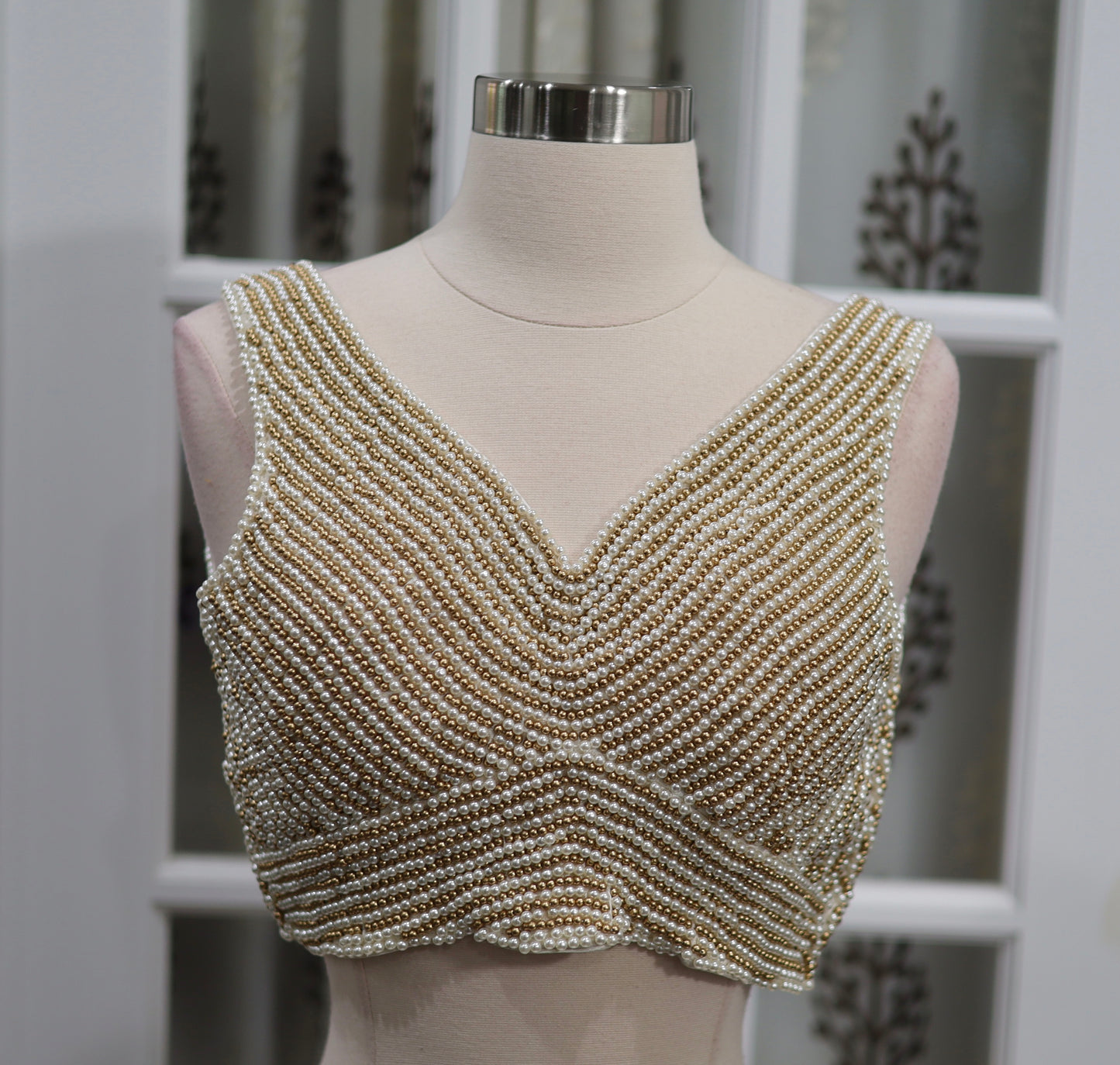 Elegant Bead work Blouse across entire blouse in Gold and Pearl color