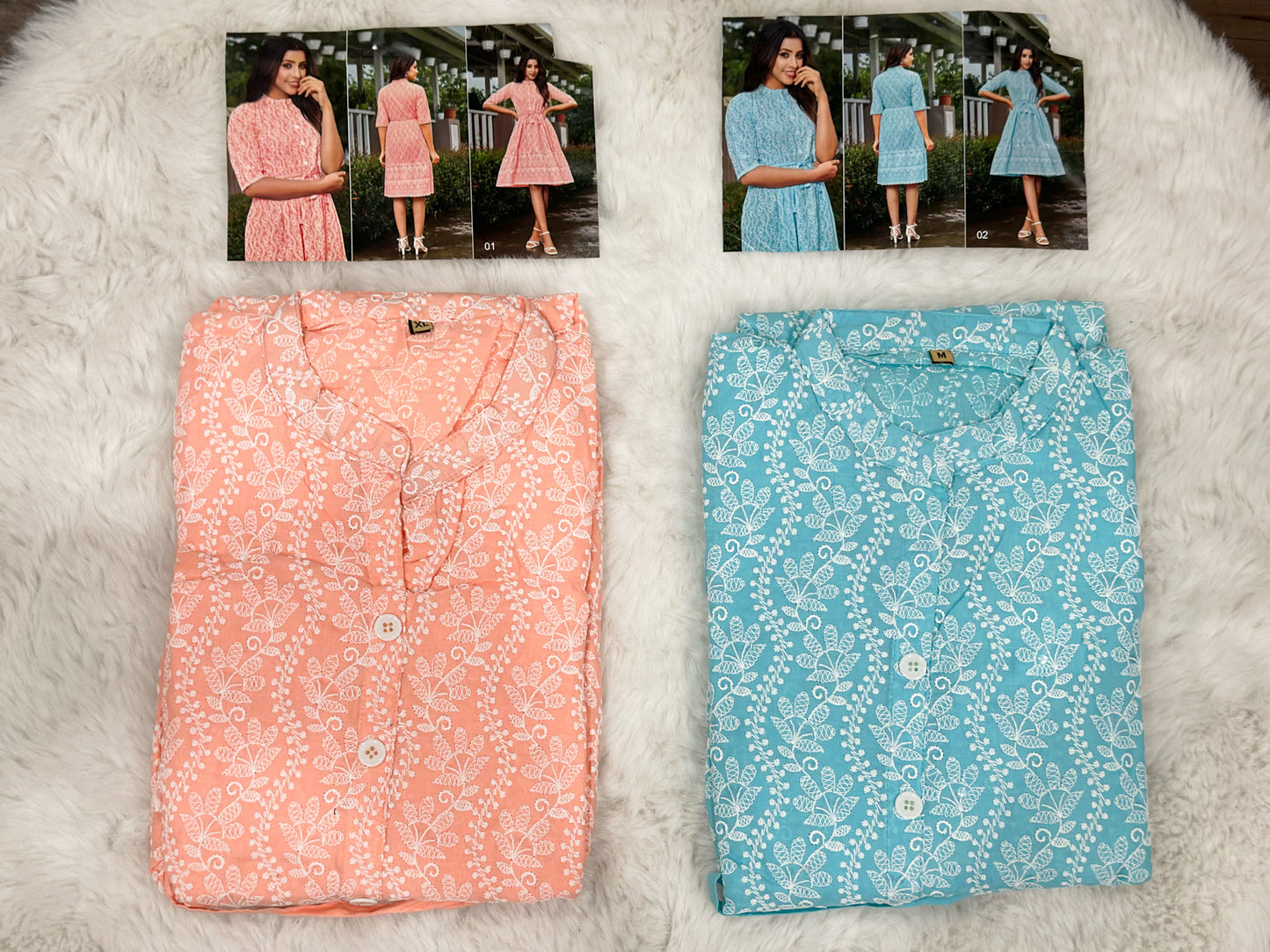 Short Summer Frock in chikankari and sequence in Sky Blue and Peach color