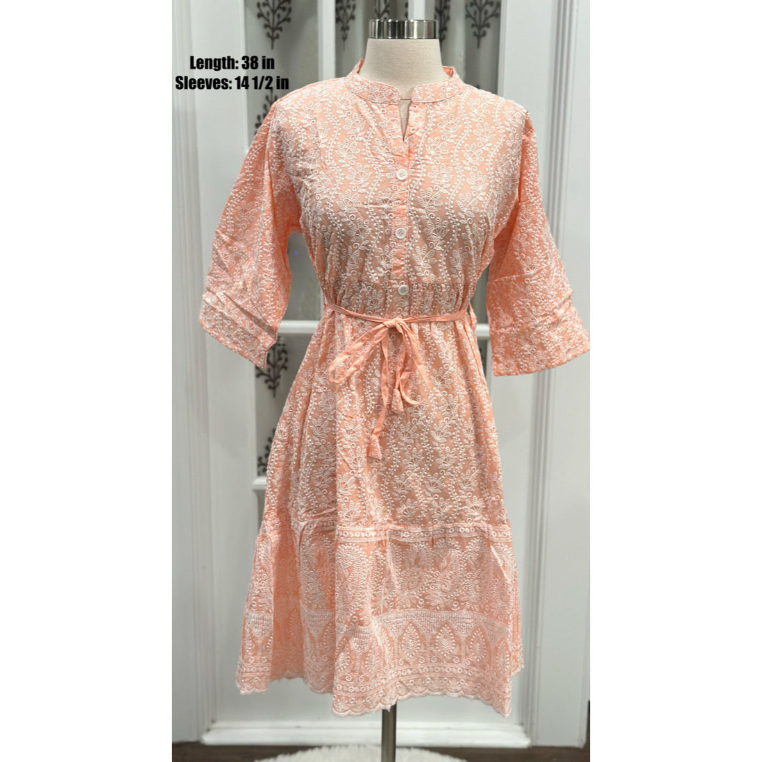 Short Summer Frock in chikankari and sequence in Sky Blue and Peach color