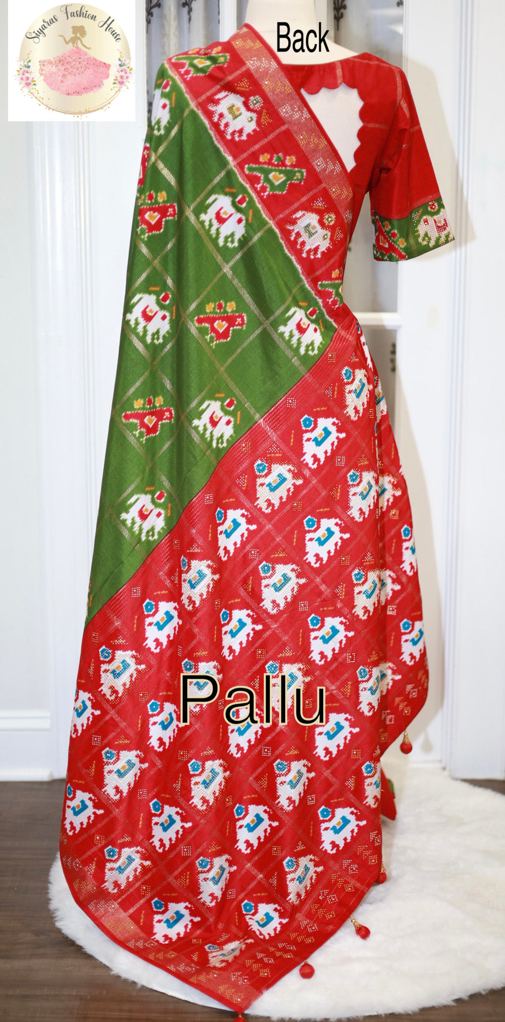 Beautiful Patola Munga Silk Saree in red/green combo with scallop design Stitched Blouse
