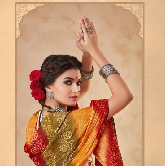 Classic Chaniya Choli in silk material with bandhini Dupatta  , Dolida  dress perfect for garba , ready to ship
