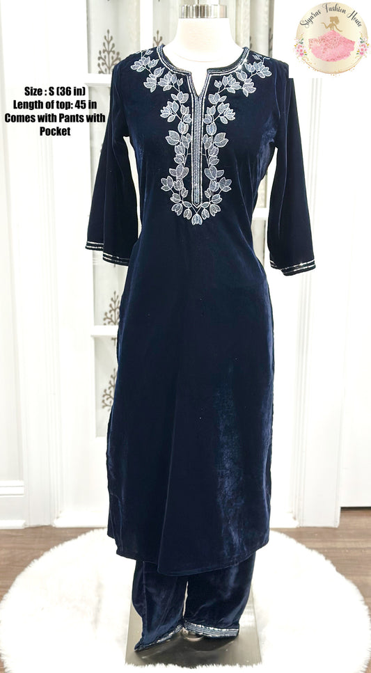 Elegant Partywear velvet kurti suit set (2 pc) embroidery top with pocket pants size small 36 in Ready to ship Partywear elegant dress