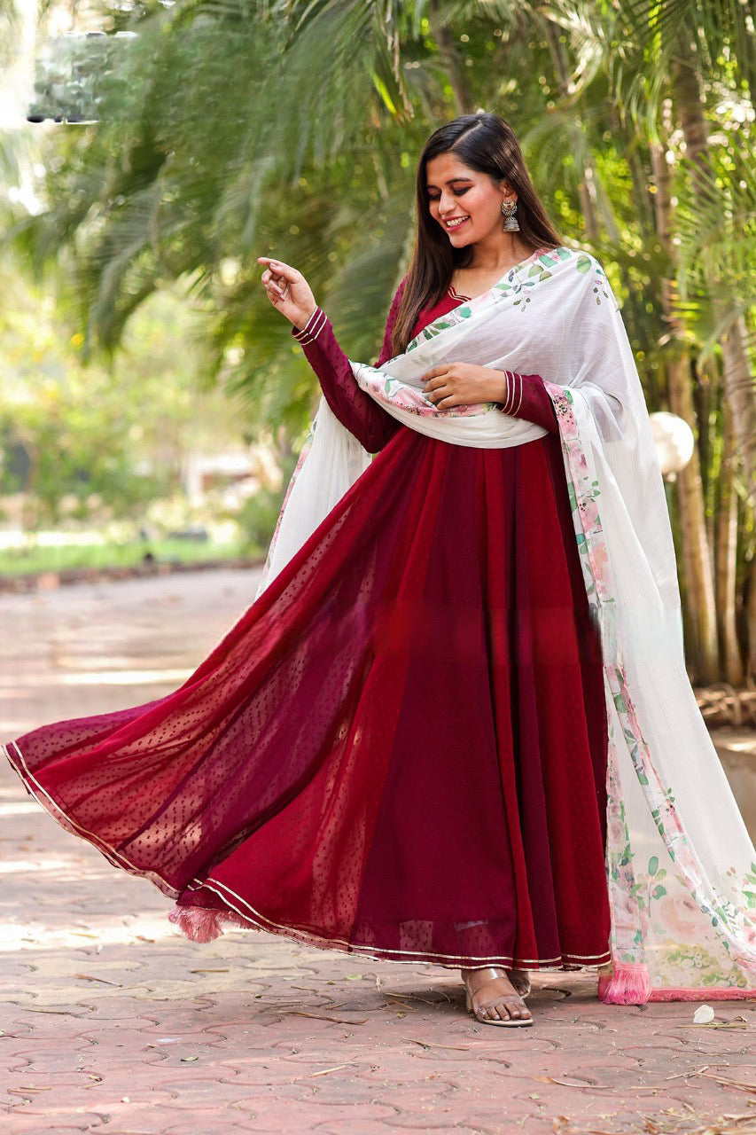 Georgette Flowy Anarkali gown with matching Dupatta in red wine color for Partywear