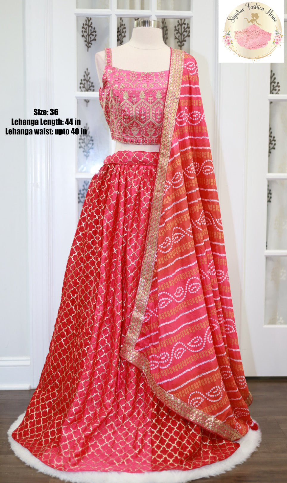 Beautiful Lehanga set in dual shade pink/red combo with full size Bandhini Dupatta .
