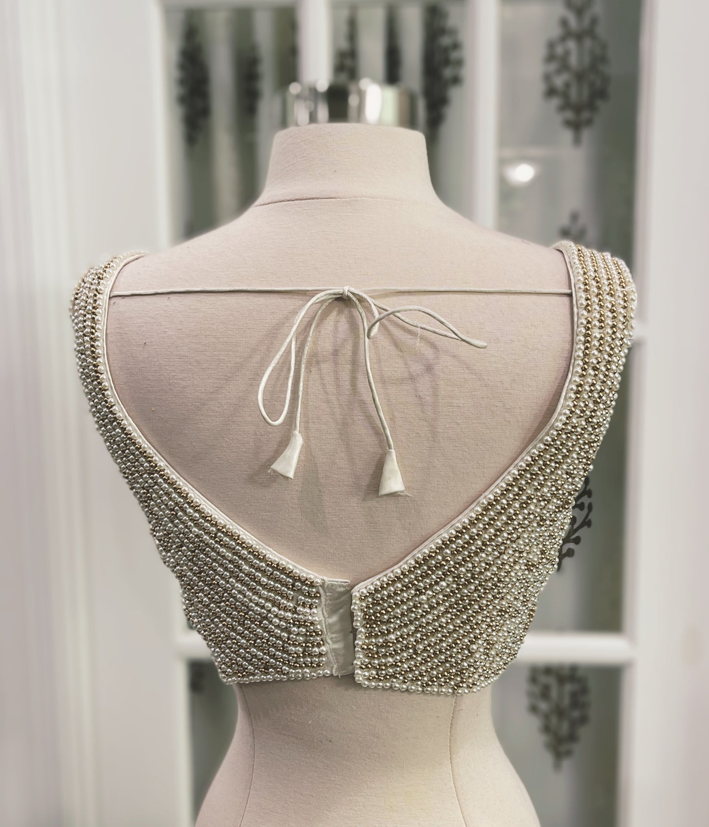 Elegant Bead work Blouse across entire blouse in Gold and Pearl color