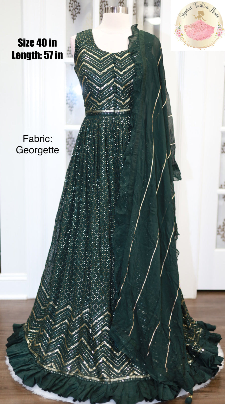 Gorgeous PartyWear Long gown in pure Georgette material with heavy Embroidery and sequin work. comes with matching Ruffle Dupatta