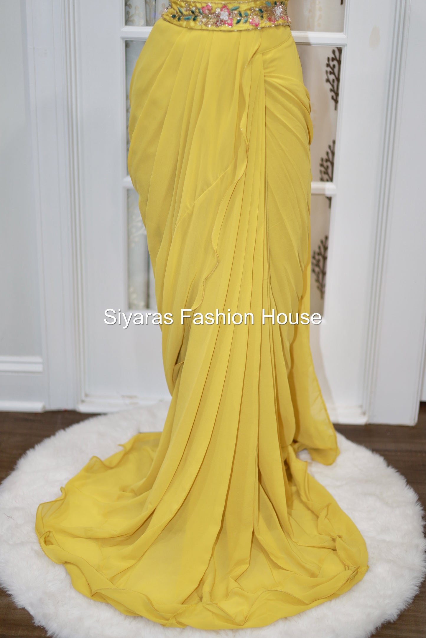 Chic and Trendy Elegant Ruffle saree Reqdy to wear in yellow color for Partywear/wedding function.