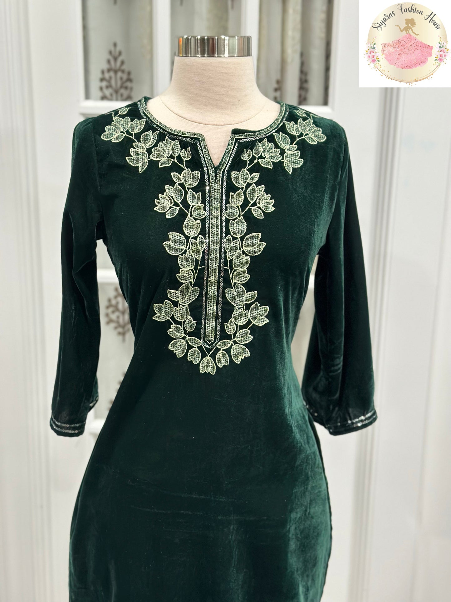 Elegant Partywear velvet kurti suit set (2 pc) embroidery top with pocket pants size small 36 in Ready to ship Partywear elegant dress