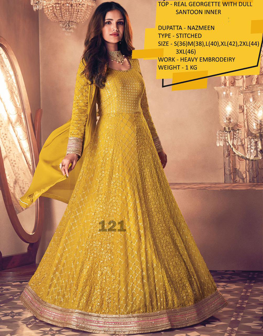 Fully Stitched Mustard Yellow Georgette with Sequin Work Heavy Long Gown with Dupatta for Wedding/Party