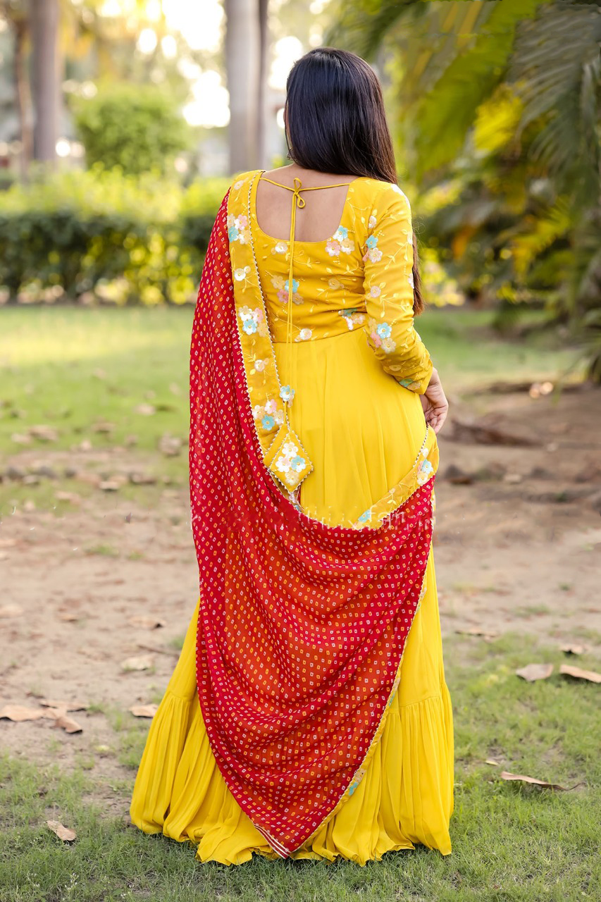 Georgette Anarkali Gown with Bandhini Dupatta Mustard color